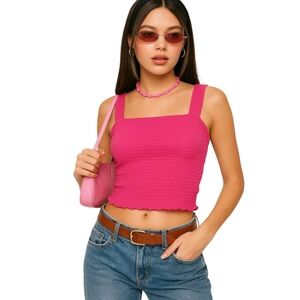 Paper Crane Smocked Tube Tank Top Pink Textured Stretch Crop Y2K Lettuce Hem S